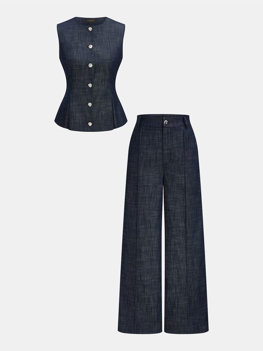 Commense Dark Indigo Denim Vest & Wide-Leg Pants Set
